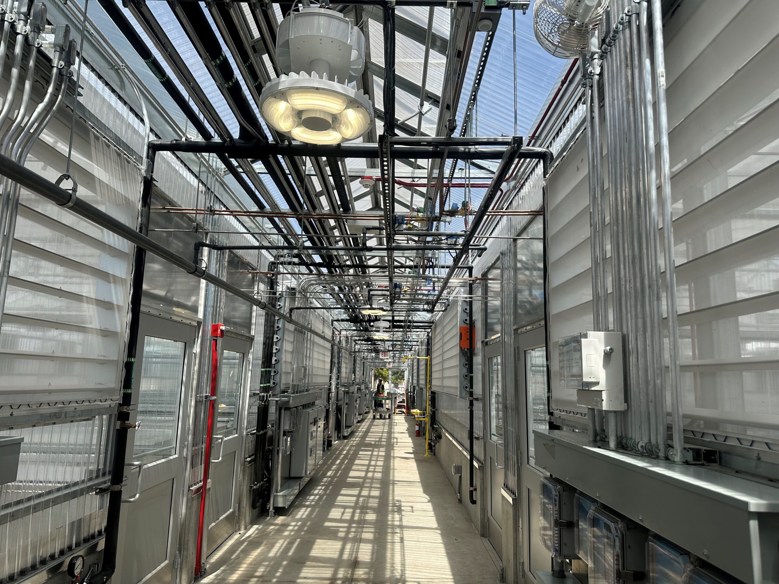 A hallway at the USDA Agricultural Research Center in Salinas, CA showing piping.